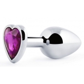 Серебристая анальная пробка с фиолетовым кристаллом-сердечком - 8 см. - Anal Jewelry Plug - купить с доставкой в Нижнем Тагиле