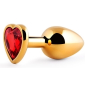 Золотистая анальная пробка с красным стразом-сердечком - 8 см. - Anal Jewelry Plug - купить с доставкой в Нижнем Тагиле