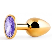 Золотистая анальная пробка с фиолетовым стразом - 7,2 см. - Anal Jewelry Plug - купить с доставкой в Нижнем Тагиле