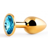 Золотистая анальная пробка с голубым стразом - 7,2 см. - Anal Jewelry Plug - купить с доставкой в Нижнем Тагиле
