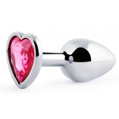 Серебристая анальная пробка с розовым кристаллом-сердечком - 7 см. - Anal Jewelry Plug - купить с доставкой в Нижнем Тагиле