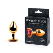 Золотистая анальная пробка с малиновым кристаллом-сердечком - 7 см. - Anal Jewelry Plug - купить с доставкой в Нижнем Тагиле