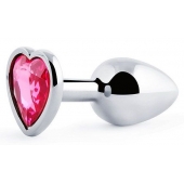 Серебристая анальная пробка с малиновым кристаллом-сердечком - 7 см. - Anal Jewelry Plug - купить с доставкой в Нижнем Тагиле
