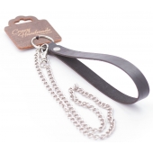 Серебристый металлический поводок с кожаной черной ручкой - 80 см. - Crazy Handmade - купить с доставкой в Нижнем Тагиле