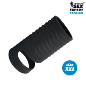 Черная открытая насадка на пенис с кольцом для мошонки XXL-size - 9,4 см. - Sex Expert - в Нижнем Тагиле купить с доставкой