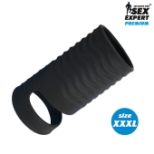 Черная открытая насадка на пенис с кольцом для мошонки XXXL-size - 9,9 см. - Sex Expert - в Нижнем Тагиле купить с доставкой