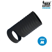 Черная открытая насадка на пенис с кольцом для мошонки size M - 7,9 см. - Sex Expert - в Нижнем Тагиле купить с доставкой
