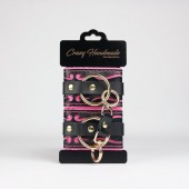 Черные кожаные наручники с розовой строчкой - Crazy Handmade - купить с доставкой в Нижнем Тагиле