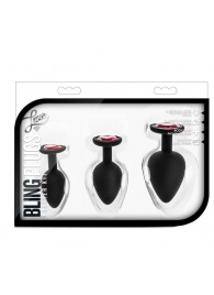 Набор черных анальных пробок с красным кристаллом-сердечком Bling Plugs Training Kit - Blush Novelties - купить с доставкой в Нижнем Тагиле