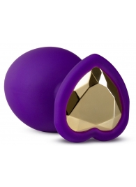 Фиолетовая анальная пробка Bling Plug Large с золотистым стразом - 9,5 см. - Blush Novelties - купить с доставкой в Нижнем Тагиле