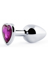 Серебристая анальная пробка с фиолетовым кристаллом-сердечком - 8 см. - Anal Jewelry Plug - купить с доставкой в Нижнем Тагиле