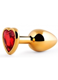 Золотистая анальная пробка с красным стразом-сердечком - 8 см. - Anal Jewelry Plug - купить с доставкой в Нижнем Тагиле