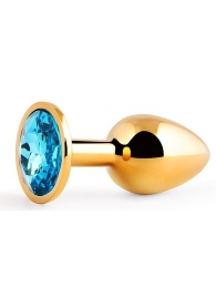 Золотистая анальная пробка с голубым стразом - 7,2 см. - Anal Jewelry Plug - купить с доставкой в Нижнем Тагиле