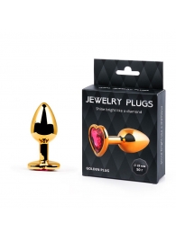 Золотистая анальная пробка с малиновым кристаллом-сердечком - 7 см. - Anal Jewelry Plug - купить с доставкой в Нижнем Тагиле