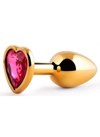 Золотистая анальная пробка с малиновым кристаллом-сердечком - 7 см. - Anal Jewelry Plug - купить с доставкой в Нижнем Тагиле
