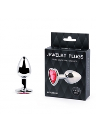 Серебристая анальная пробка с малиновым кристаллом-сердечком - 7 см. - Anal Jewelry Plug - купить с доставкой в Нижнем Тагиле