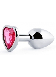 Серебристая анальная пробка с малиновым кристаллом-сердечком - 7 см. - Anal Jewelry Plug - купить с доставкой в Нижнем Тагиле