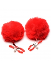 Красные зажимы на соски с помпонами Pom Pom - XR Brands - купить с доставкой в Нижнем Тагиле