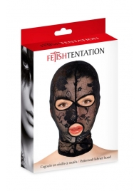 Черная кружевная маска на голову с отверстиями для глаз и рта - Fetish Tentation - купить с доставкой в Нижнем Тагиле