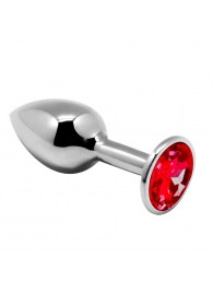 Серебристая анальная втулка Mini Metal Butt Plug Size M с красным кристаллом - Adrien Lastic