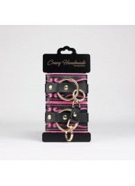 Черные кожаные наручники с розовой строчкой - Crazy Handmade - купить с доставкой в Нижнем Тагиле