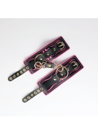 Черные кожаные наручники с розовой строчкой - Crazy Handmade - купить с доставкой в Нижнем Тагиле