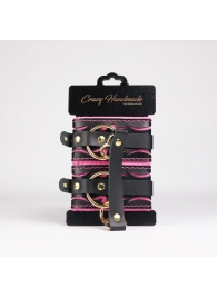 Черные кожаные оковы с розовой строчкой - Crazy Handmade - купить с доставкой в Нижнем Тагиле