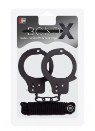 Чёрные наручники из листового металла в комплекте с веревкой BONDX METAL CUFFS LOVE ROPE SET - Dream Toys - купить с доставкой в Нижнем Тагиле
