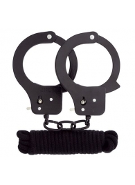 Чёрные наручники из листового металла в комплекте с веревкой BONDX METAL CUFFS LOVE ROPE SET - Dream Toys - купить с доставкой в Нижнем Тагиле