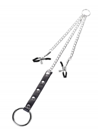 Серебристо-чёрные зажимы для сосков с кольцом для пениса TOYFA Metal - ToyFa - купить с доставкой в Нижнем Тагиле