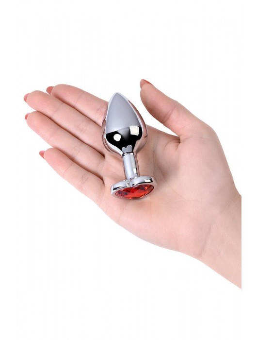 Серебристая коническая анальная пробка с красным кристаллом-сердечком - 7 см. - ToyFa - купить с доставкой в Нижнем Тагиле