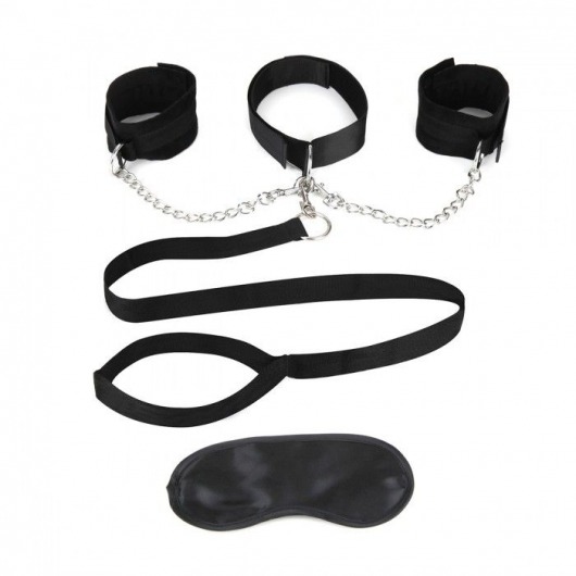 Чёрный ошейник с наручниками и поводком Collar Cuffs   Leash Set - Lux Fetish - купить с доставкой в Нижнем Тагиле
