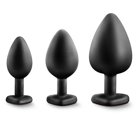 Набор черных анальных пробок с красным кристаллом-сердечком Bling Plugs Training Kit - Blush Novelties - купить с доставкой в Нижнем Тагиле