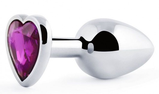 Серебристая анальная пробка с фиолетовым кристаллом-сердечком - 8 см. - Anal Jewelry Plug - купить с доставкой в Нижнем Тагиле