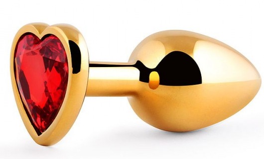 Золотистая анальная пробка с красным стразом-сердечком - 8 см. - Anal Jewelry Plug - купить с доставкой в Нижнем Тагиле