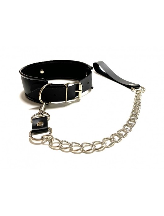 Черный ошейник с поводком из эко-кожи - БДСМ Арсенал - купить с доставкой в Нижнем Тагиле