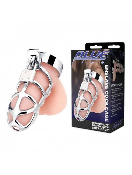 Серебристая металлическая клетка для члена с замком Enslave Cock Cage - BlueLine - купить с доставкой в Нижнем Тагиле