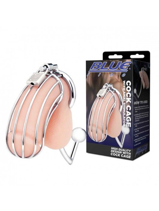 Серебристая металлическая клетка с анальным стимулятором Cock Cage - BlueLine - купить с доставкой в Нижнем Тагиле