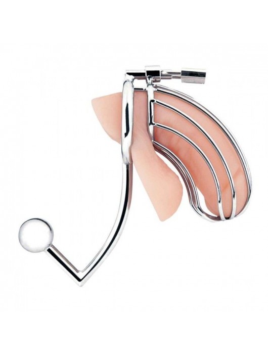 Серебристая металлическая клетка с анальным стимулятором Cock Cage - BlueLine - купить с доставкой в Нижнем Тагиле