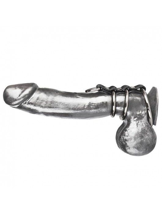 Хомут на пенис из трех металлических колец и кольца для привязи 3 RING GATES OF HELL - BlueLine - купить с доставкой в Нижнем Тагиле