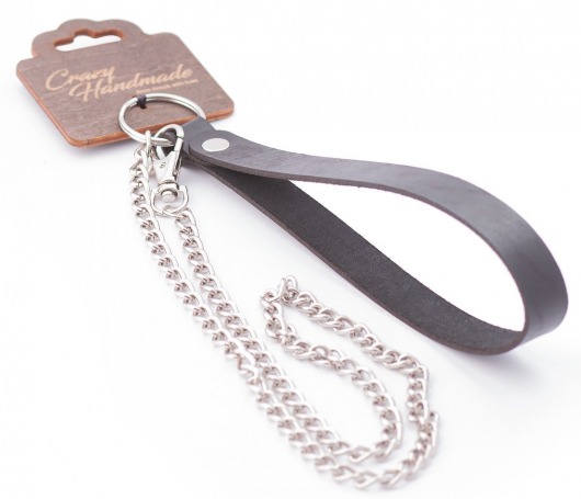 Серебристый металлический поводок с кожаной черной ручкой - 80 см. - Crazy Handmade - купить с доставкой в Нижнем Тагиле