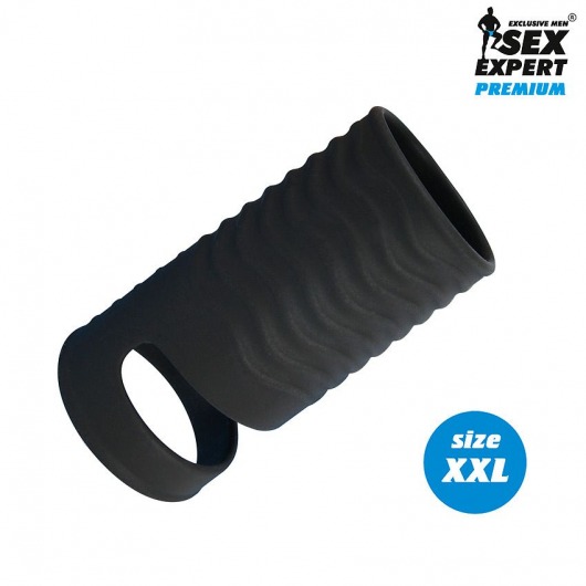 Черная открытая насадка на пенис с кольцом для мошонки XXL-size - 9,4 см. - Sex Expert - в Нижнем Тагиле купить с доставкой