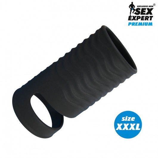 Черная открытая насадка на пенис с кольцом для мошонки XXXL-size - 9,9 см. - Sex Expert - в Нижнем Тагиле купить с доставкой