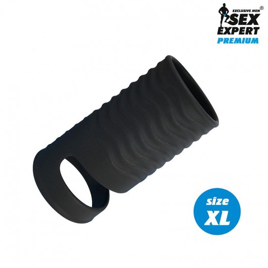 Черная открытая насадка на пенис с кольцом для мошонки XL-size - 8,9 см. - Sex Expert - в Нижнем Тагиле купить с доставкой