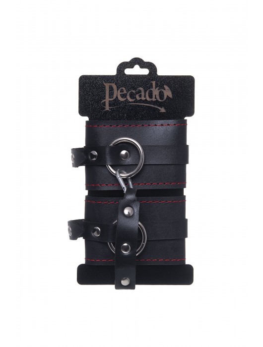 Черные кожаные однослойные оковы с контрастной строчкой - Pecado - купить с доставкой в Нижнем Тагиле