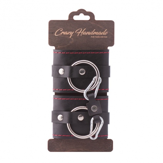 Черные однослойные кожаные наручники с контрастной строчкой - Crazy Handmade - купить с доставкой в Нижнем Тагиле