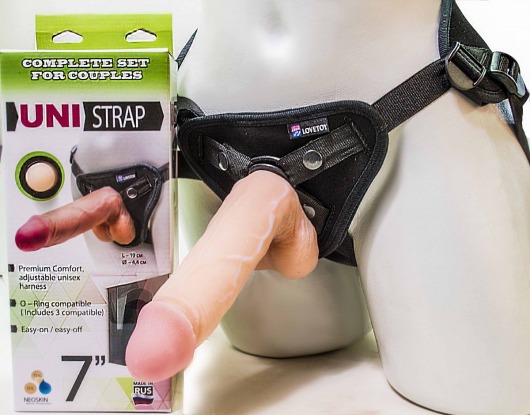 Страпон-унисекс с двумя насадками UNI strap 7  Harness - 19 и 16 см. - LOVETOY (А-Полимер) - купить с доставкой в Нижнем Тагиле