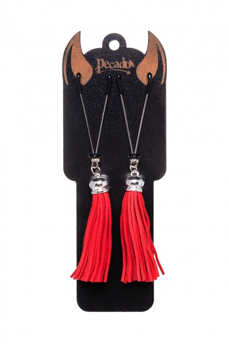 Зажимы на соски «Вилки» с красными кисточками из замши - Pecado - купить с доставкой в Нижнем Тагиле