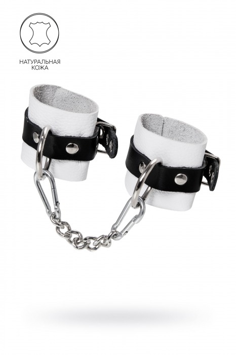 Бело-черные кожаные наручники с одним ремешком с люверсами - Pecado - купить с доставкой в Нижнем Тагиле