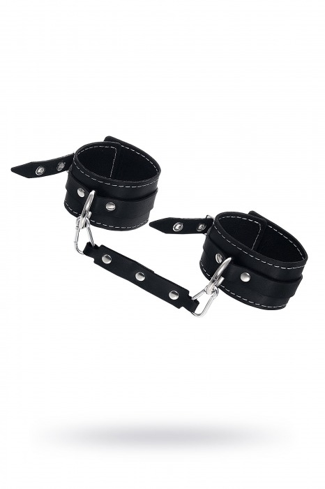 Черные двухслойные кожаные оковы с белой строчкой - Pecado - купить с доставкой в Нижнем Тагиле